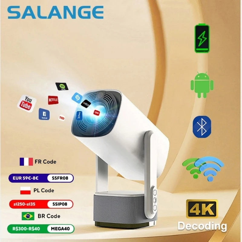 Proyector inteligente Salange K2 4K con Android 11, Bluetooth, WiFi, enfoque automático y corrección trapezoidal, portátil y batería incorporada