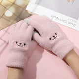 Cute Embroidered Bear Touchscreen Gloves – Warm Knit Winter Gloves for Women