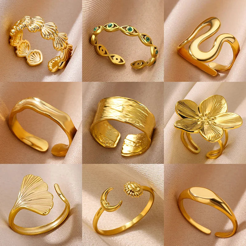 Anillo de acero inoxidable geométrico minimalista: elegante banda ajustable en tono dorado