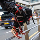 Men’s Hip Hop Pencil Pants with Patchwork Design – Mid Waist, Elastic Waistband, Cotton, Full-Length Casual Pants