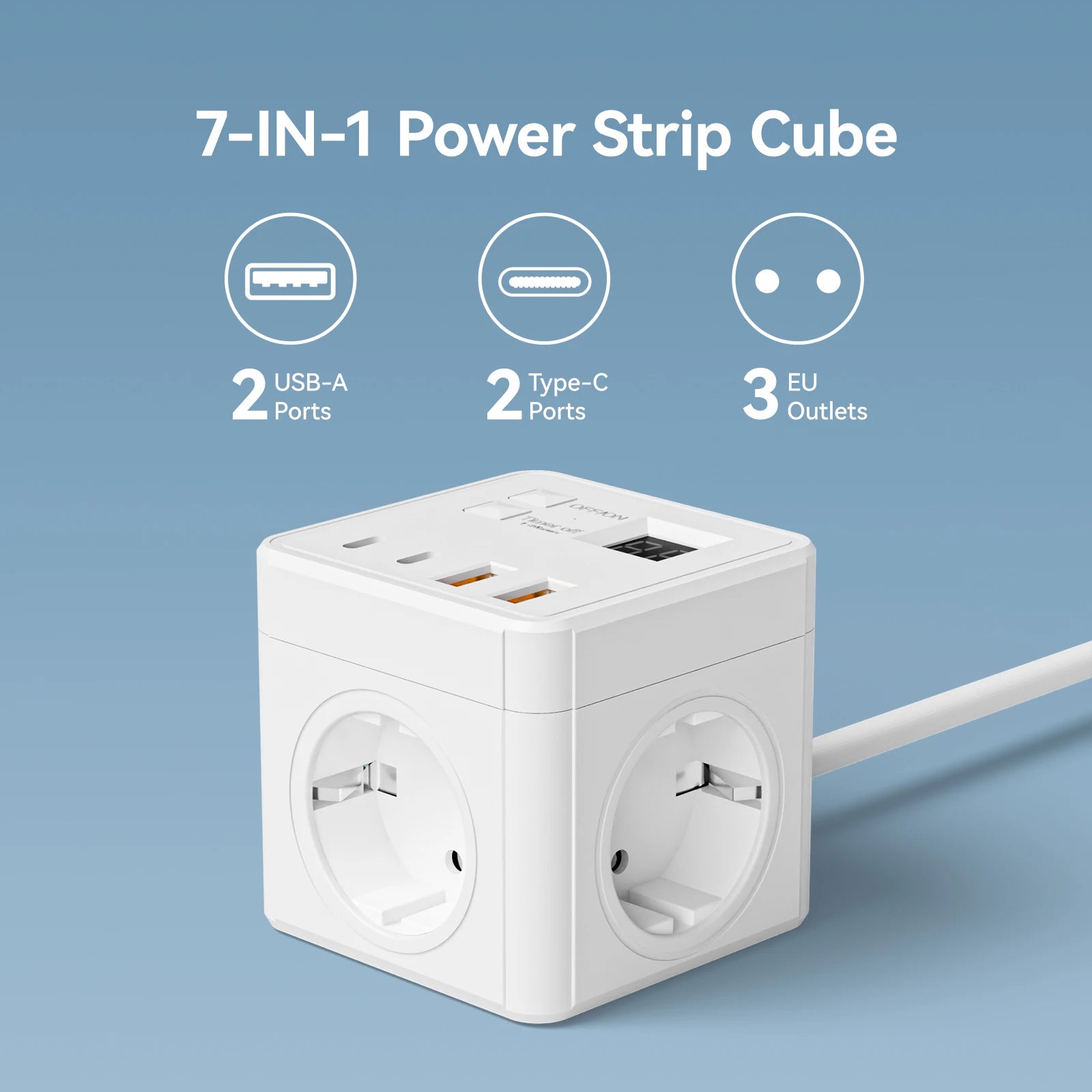 Regleta de enchufes 7 en 1 con protector contra sobretensiones: 3 tomas de CA, 3 puertos USB, 1 tipo C y cable de extensión de 1,5 m