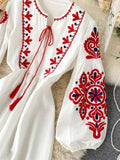 Bohemian Embroidered Floral Dress – Lantern Sleeve, High Waist, Mid-Calf Length