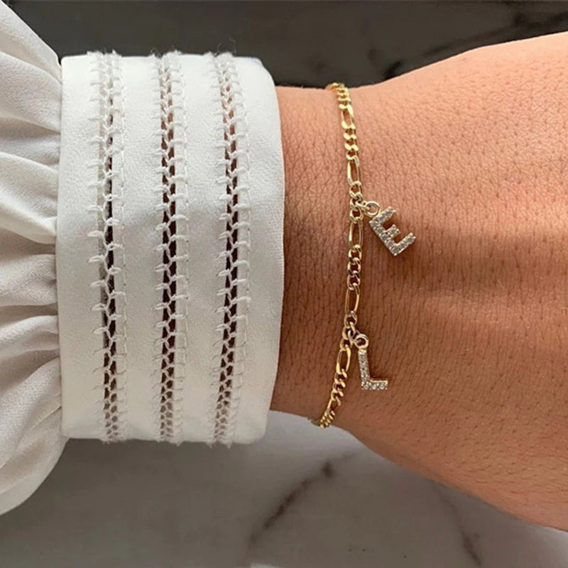 Custom Gold Initial Letter Bracelet for Women - Personalized Name Cuban Chain