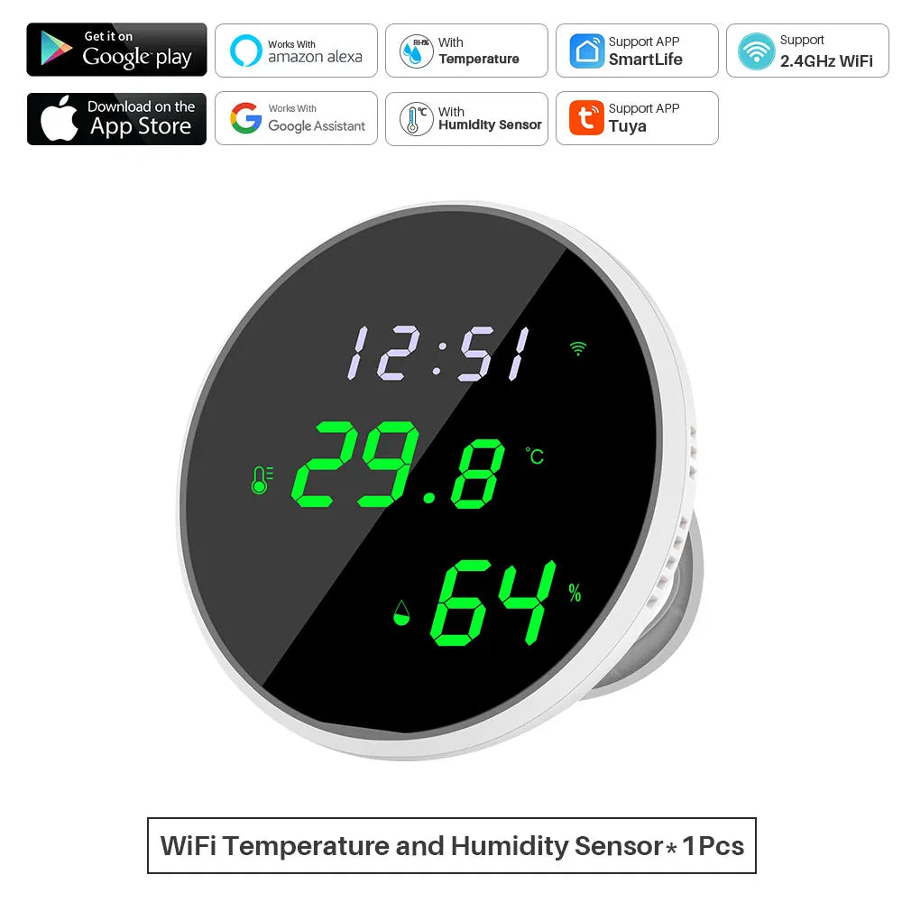 Smart WiFi Temperature & Humidity Sensor with LED Display – Tuya App, Alexa & Google Assistant Compatible