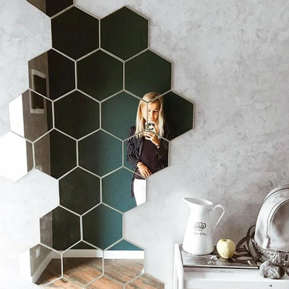 Pegatinas de pared con espejos hexagonales en 3D: decoración casera para sala de estar y dormitorio