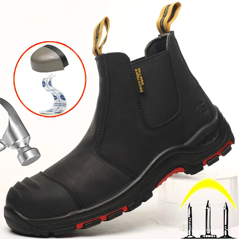 Men’s Slip-On Leather Work Boots – Waterproof Safety Ankle Boots with Steel Toe