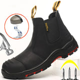 Men’s Slip-On Leather Work Boots – Waterproof Safety Ankle Boots with Steel Toe