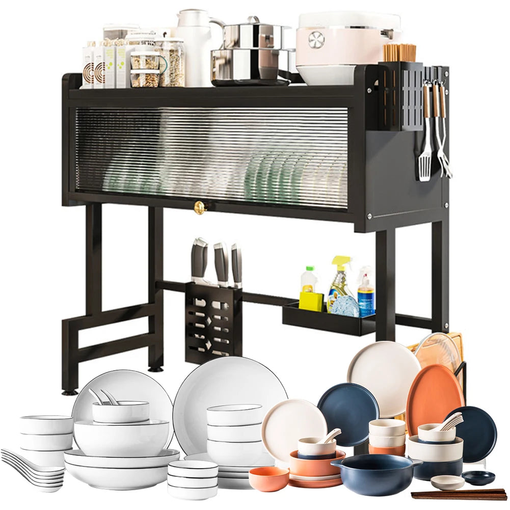 3-Tier Over-the-Sink Dish Drying Rack with Cover – Large Carbon Steel Kitchen Organizer
