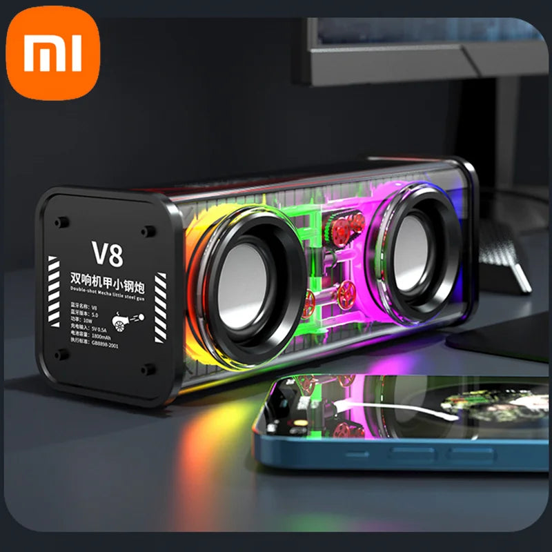 Transparent Bluetooth 5.0 Mecha Speaker – Wireless Dual Bass TWS Subwoofer with RGB Lights
