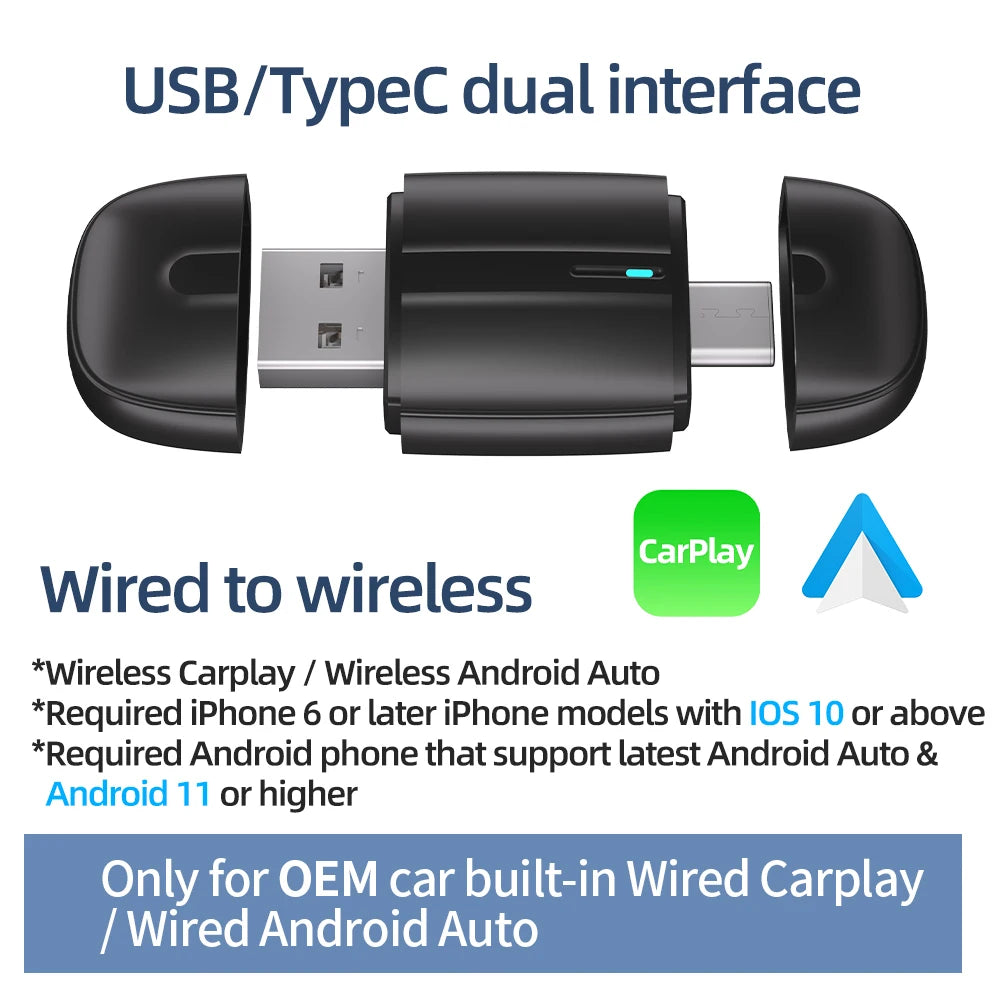 2-in-1 Wireless CarPlay & Android Auto Adapter – USB/Type-C Plug & Play