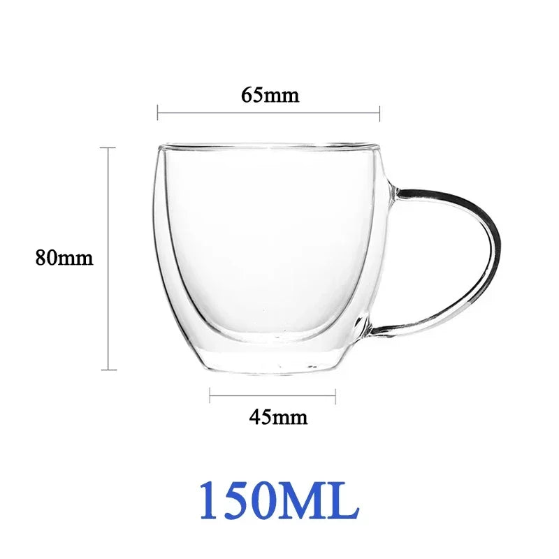 Taza de vidrio de doble pared resistente al calor: taza transparente hecha a mano para café, té y cerveza 