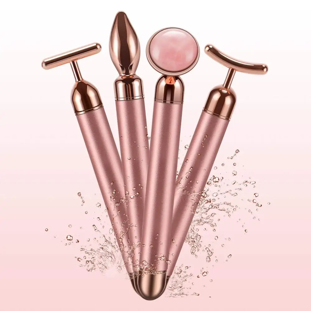 4-in-1 Vibrating Rose Quartz Face Roller and Massager for Lifting and Anti-Wrinkle