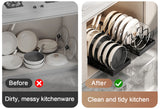 Organizador deslizante para tapas de ollas y sartenes: estante de almacenamiento ajustable para gabinetes de cocina con 8 divisores