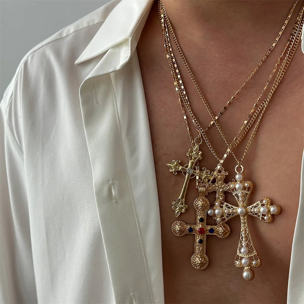 ✨ Juego de 4 collares con colgante de cruz de circonita, cadena larga de oro ajustable estilo vintage, joyería Y2K ✨