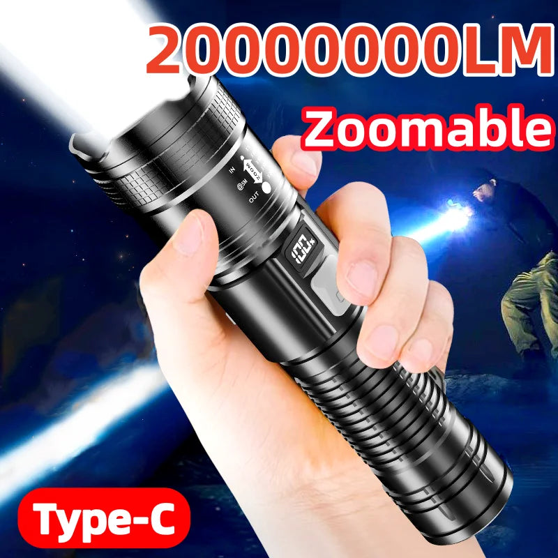 Ultra-Bright Rechargeable LED Flashlight with Zoom & Power Bank Function – Long-Range Waterproof Torch for Camping & Emergencies
