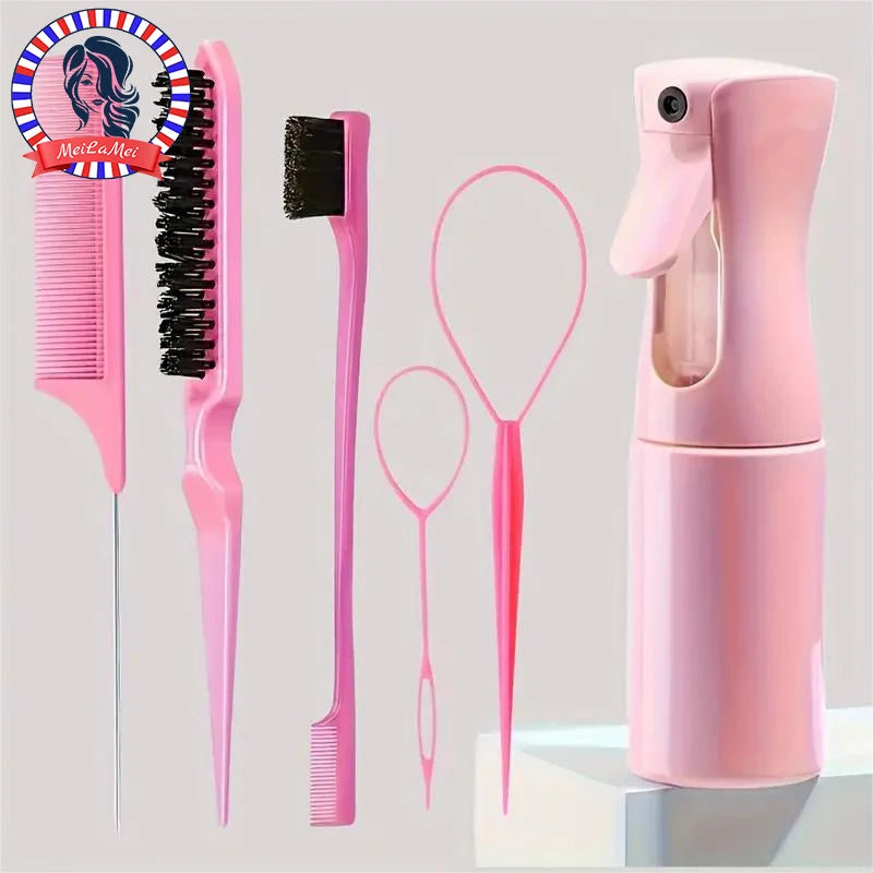 Juego de 6 piezas para peinar el cabello: cepillos, peine, lazo para trenzar y botella con rociador