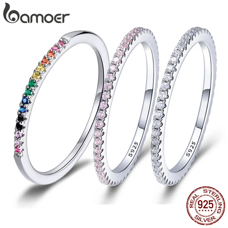 Anillo de eternidad con circonitas cúbicas de plata esterlina 925 de BAMOER: anillo apilable chapado en platino para mujer