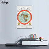 Vintage Flat Earth Map Scroll – Retro Canvas Wall Art with Wooden Hanger