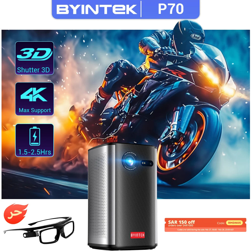 Portable 3D Mini Projector with Auto Focus, 4K Support, and Built-in Battery