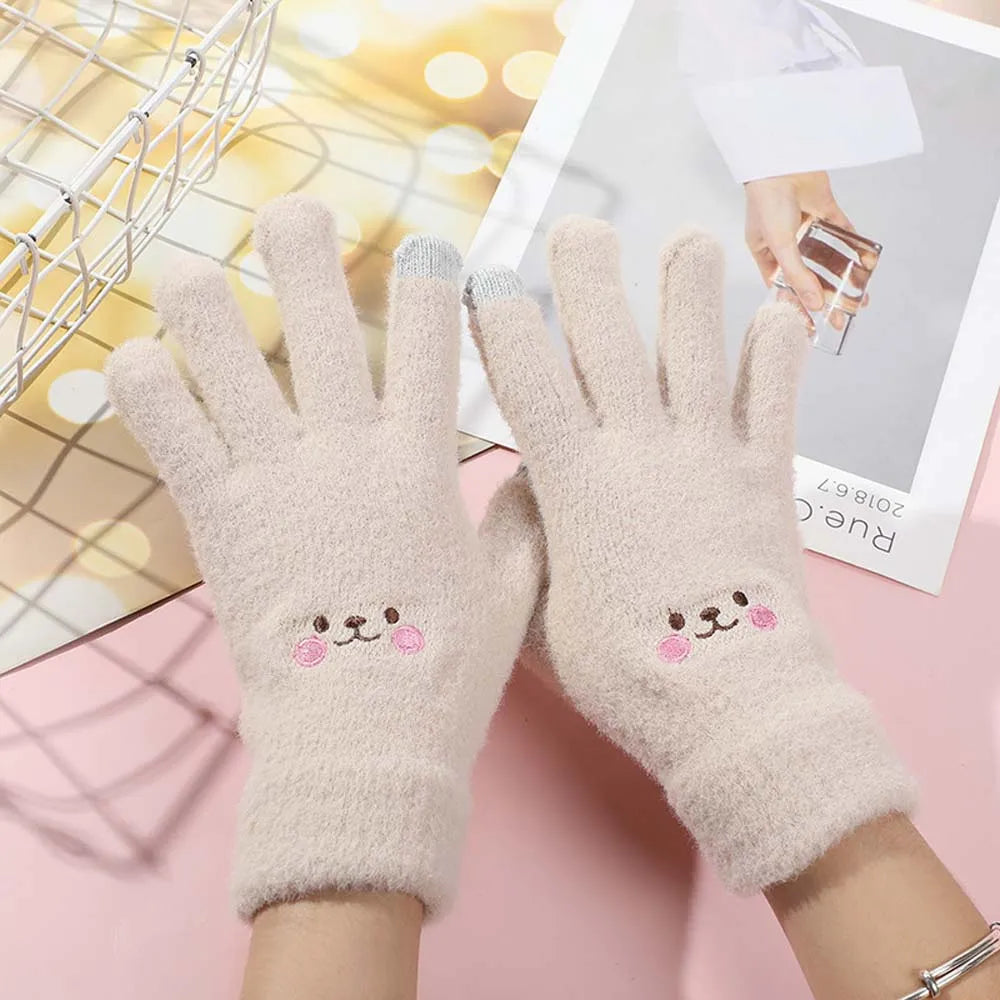 Cute Embroidered Bear Touchscreen Gloves – Warm Knit Winter Gloves for Women