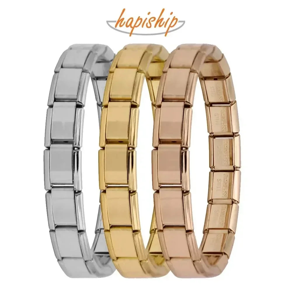 Hapiship Nueva joyería para mujer de 9 mm de ancho, pulsera de dijes elásticos italianos, brazalete de acero inoxidable de moda ST-
