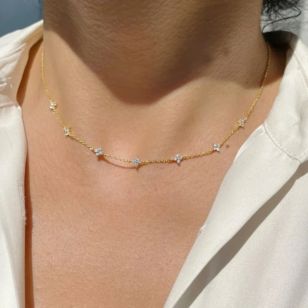 18K Gold Plated Four Leaf Clover Necklace for Women - Stainless Steel Zircon Collar Chain