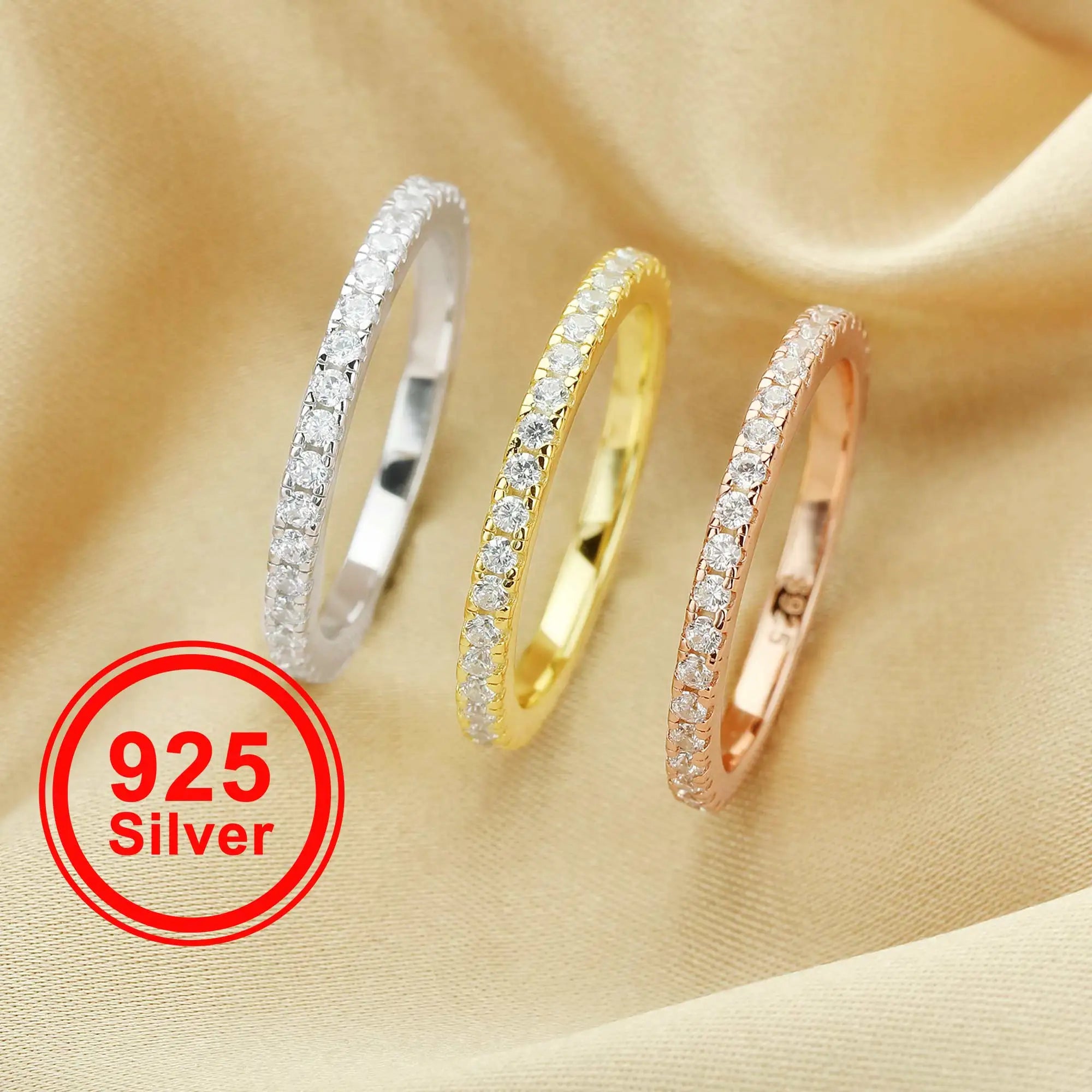 Anillo de eternidad delicado y completo: elegante banda de plata de ley 925 bañada en oro rosa