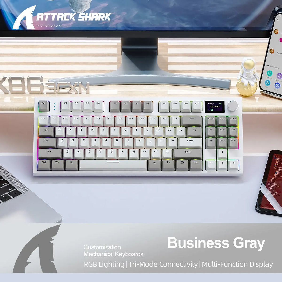 Hot-Swappable Mechanical Keyboard with Bluetooth, 2.4G Connectivity, Integrated Display, and PBT Keycaps