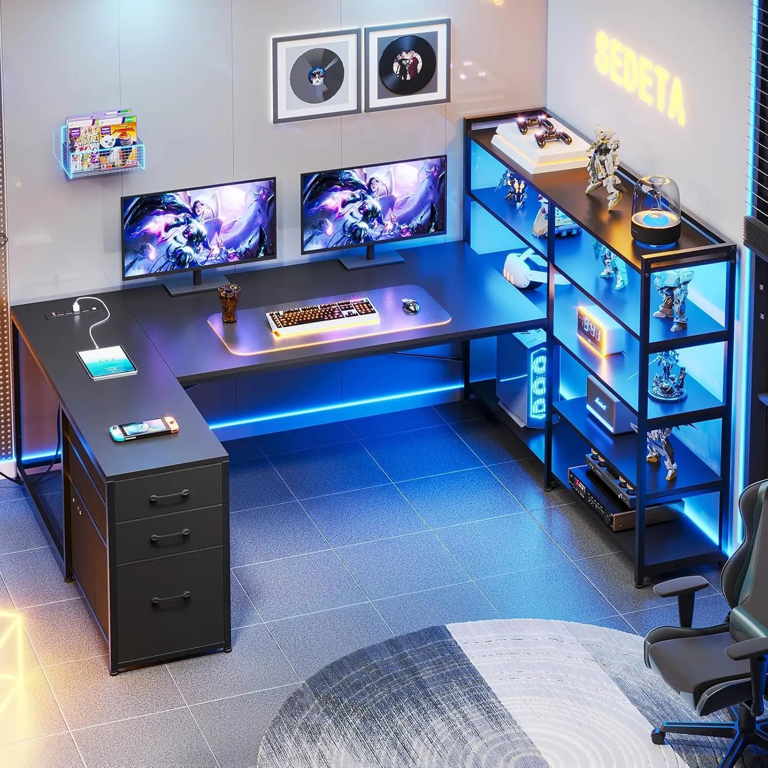 L-Shaped Gaming Desk with Power Outlet and Storage