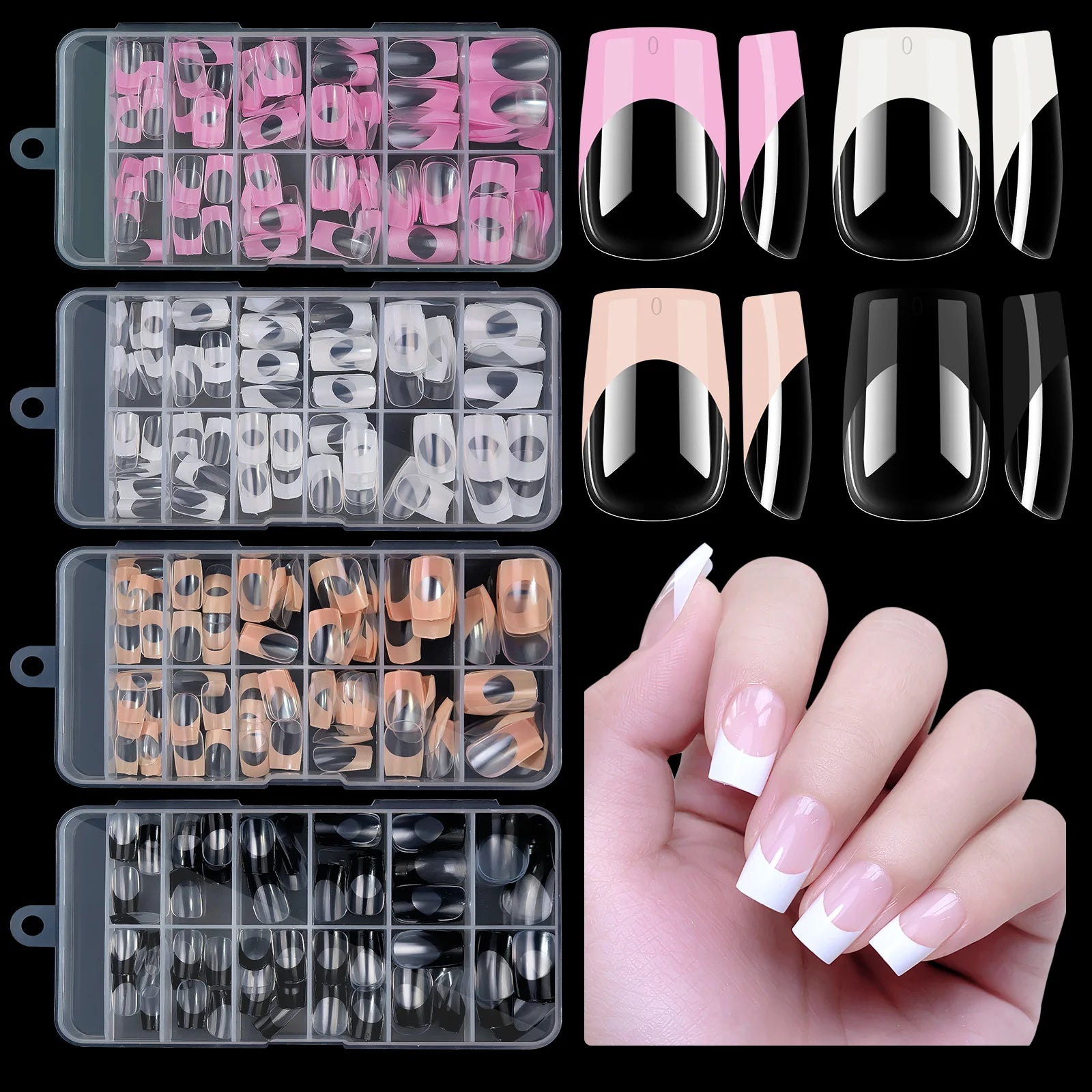 120 uñas postizas cuadradas medianas | Puntas de uñas francesas acrílicas de cobertura total