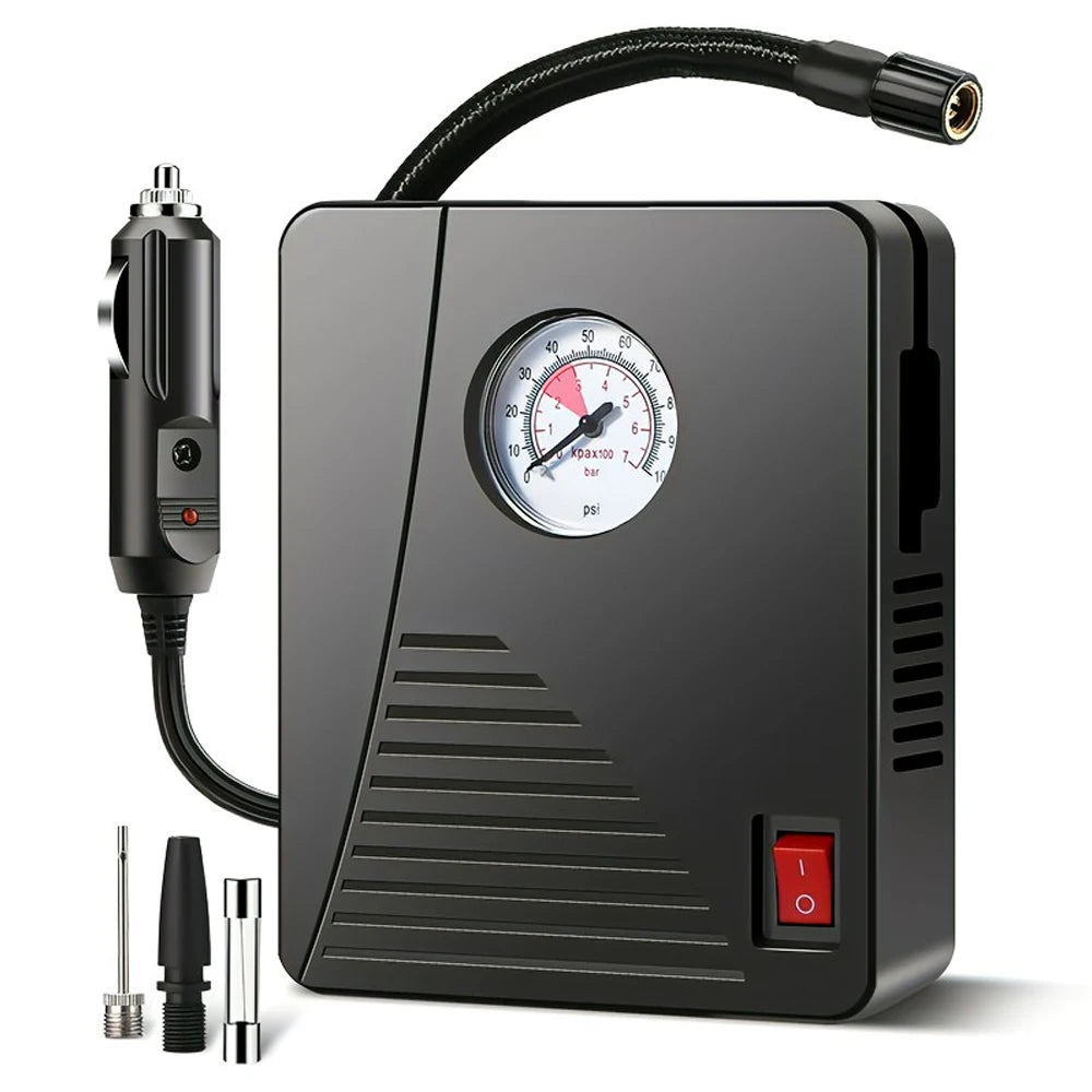 Portable 12V Car Air Compressor with LED Light and Tire Pressure Gauge