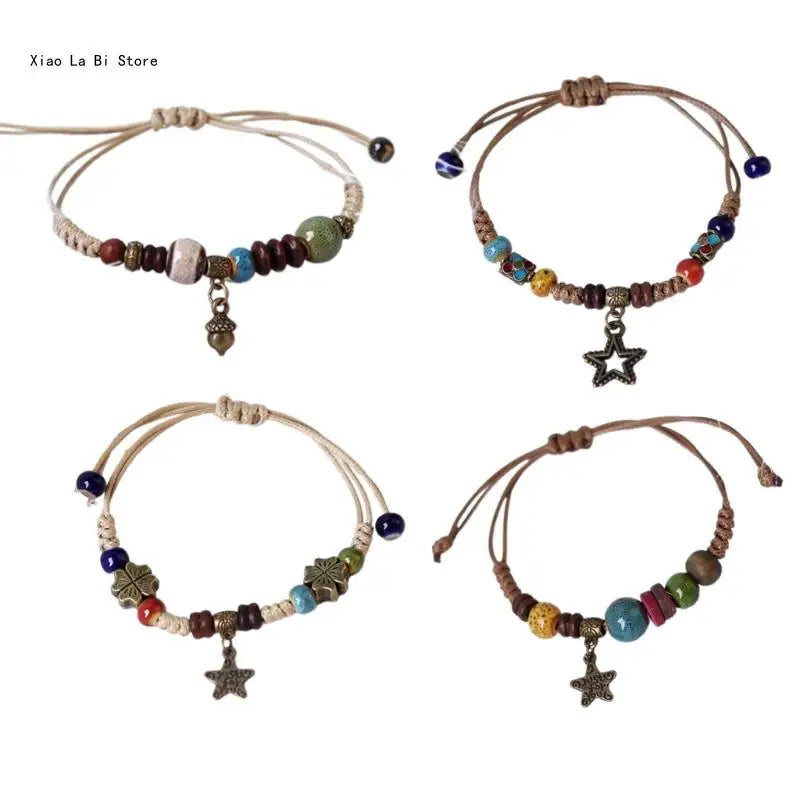 Pulsera de cerámica con dijes de estilo étnico: pulsera tejida vintage con cadena de cuerda ajustable para unisex