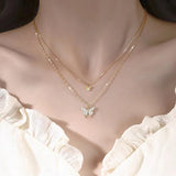 Collar con colgante de mariposa de doble capa: cadena de clavícula de moda para mujer