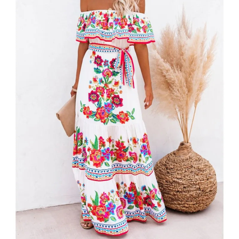 Women’s One-Shoulder Floral Print Swing Dress – Retro Summer A-Line Casual Dress