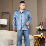 Men’s Luxury Plaid Pajama Set - Full Sleeve, Elastic Waist, Cool Ice Silk Satin Sleepwear for Spring & Summer