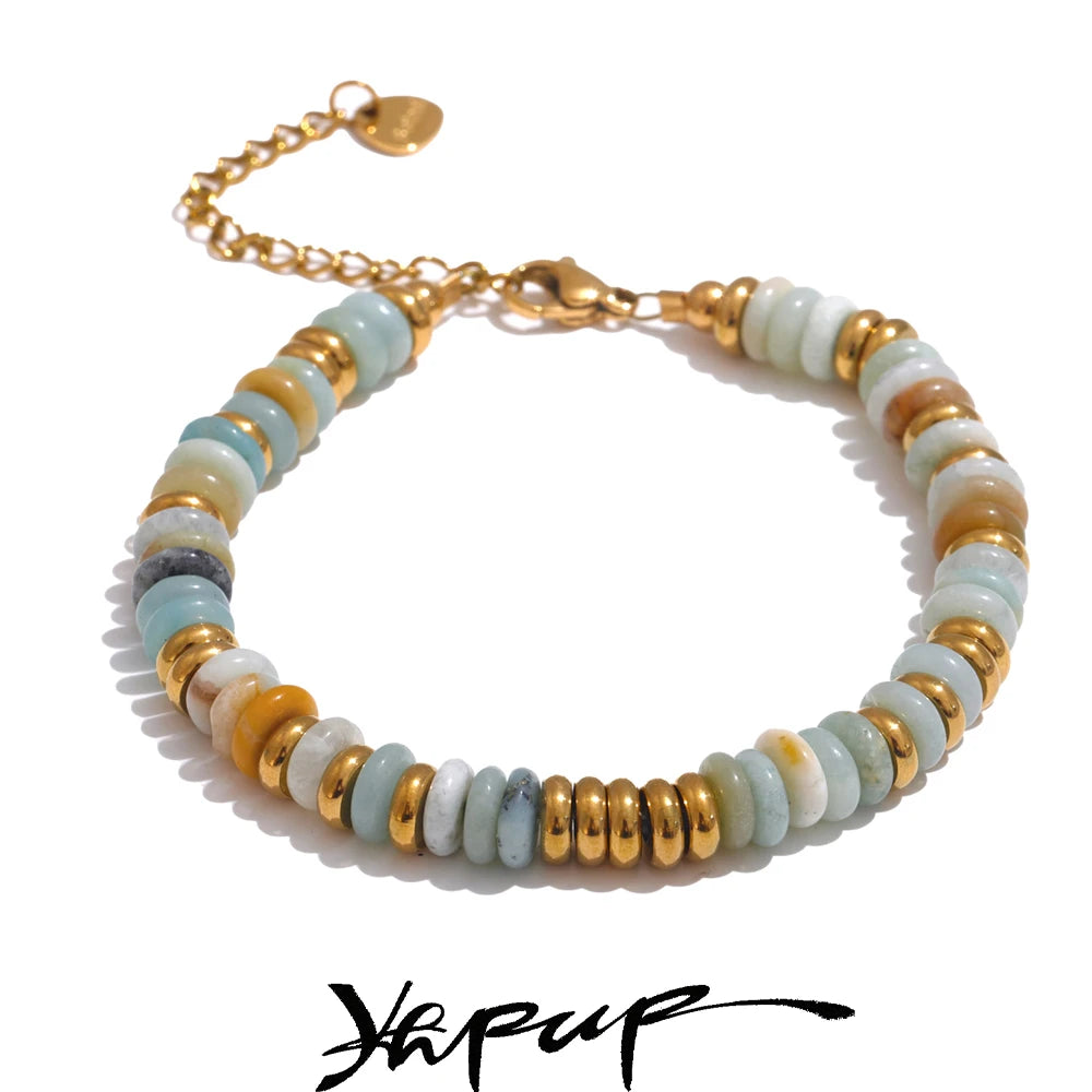Pulsera de acero inoxidable con dijes de moda: pulsera de piedra geométrica bañada en oro para mujer