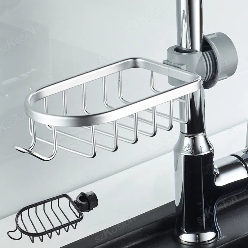 Estante de baño con drenaje de grifo ajustable, soporte de almacenamiento de ducha de color negro y plateado, cesta para artículos diversos de cocina, estante para guardar jabón
