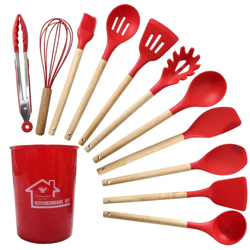 Juego de utensilios de cocina de silicona de 12 piezas: herramientas de cocina antiadherentes y resistentes al calor con mangos de madera