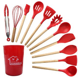 Juego de utensilios de cocina de silicona de 12 piezas: herramientas de cocina antiadherentes y resistentes al calor con mangos de madera