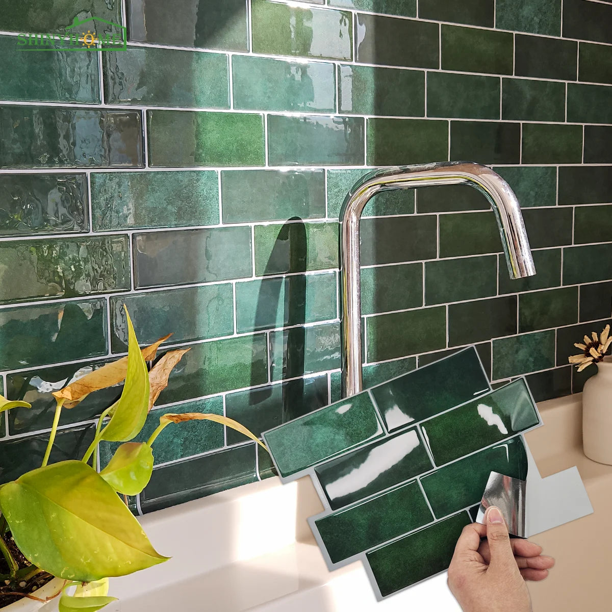 10 pegatinas para azulejos con diseño de ladrillo verde: paneles de pared impermeables y resistentes al calor que se despegan y se adhieren