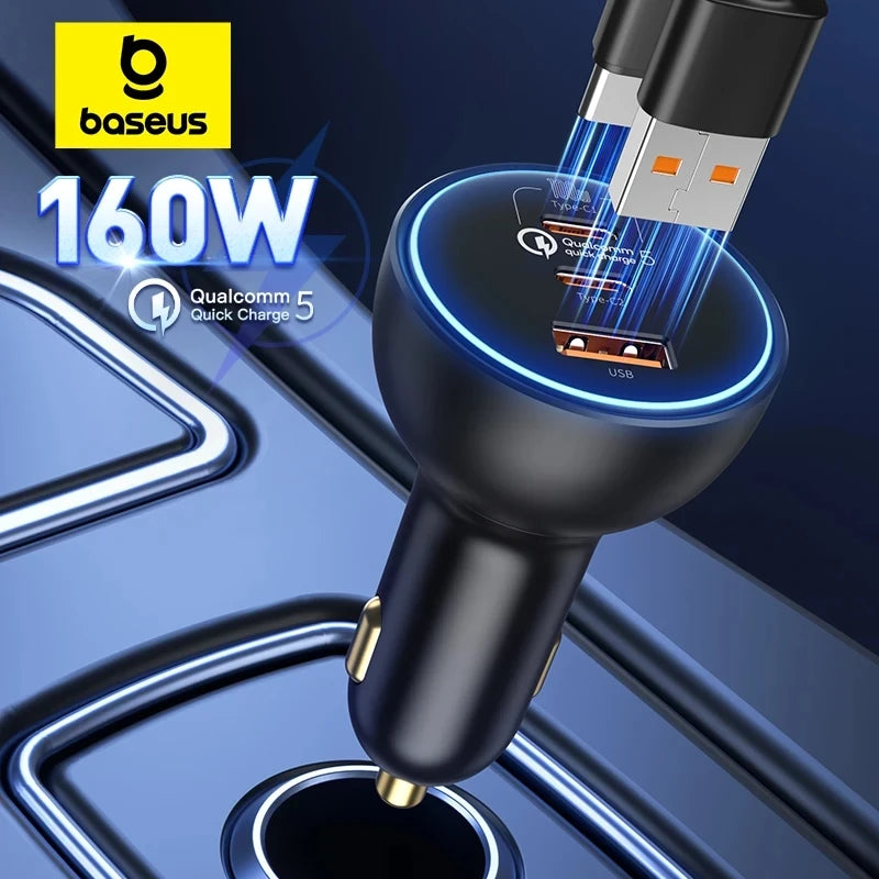 160W Fast Car Charger – Triple USB-C & USB-A Quick Charge Adapter