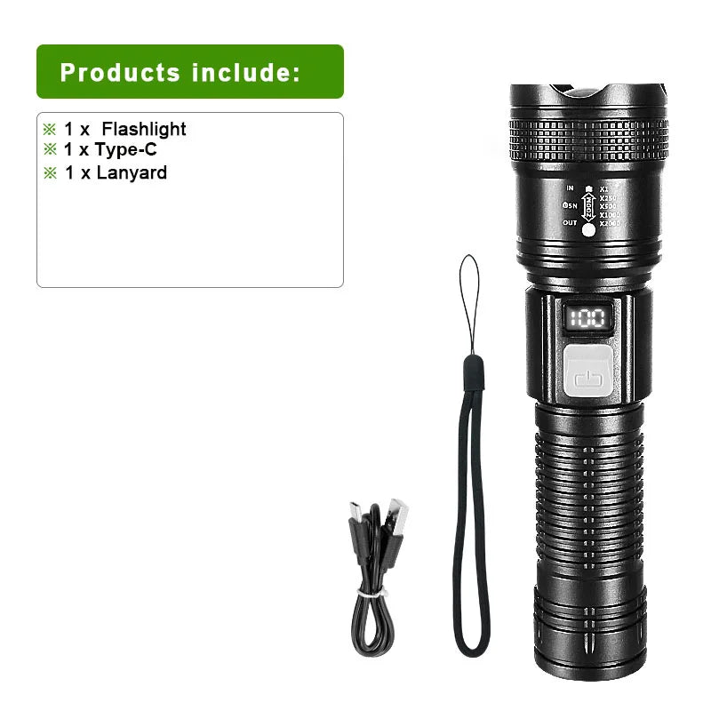 Ultra-Bright Rechargeable LED Flashlight with Zoom & Power Bank Function – Long-Range Waterproof Torch for Camping & Emergencies