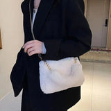 Stylish Plush Shoulder Bag with Gold Chain Strap – Soft & Compact Women's Tote