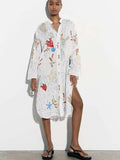 Bohemian Floral V-Neck Midi Dress for Women - Summer Full-Sleeve Slim Fit