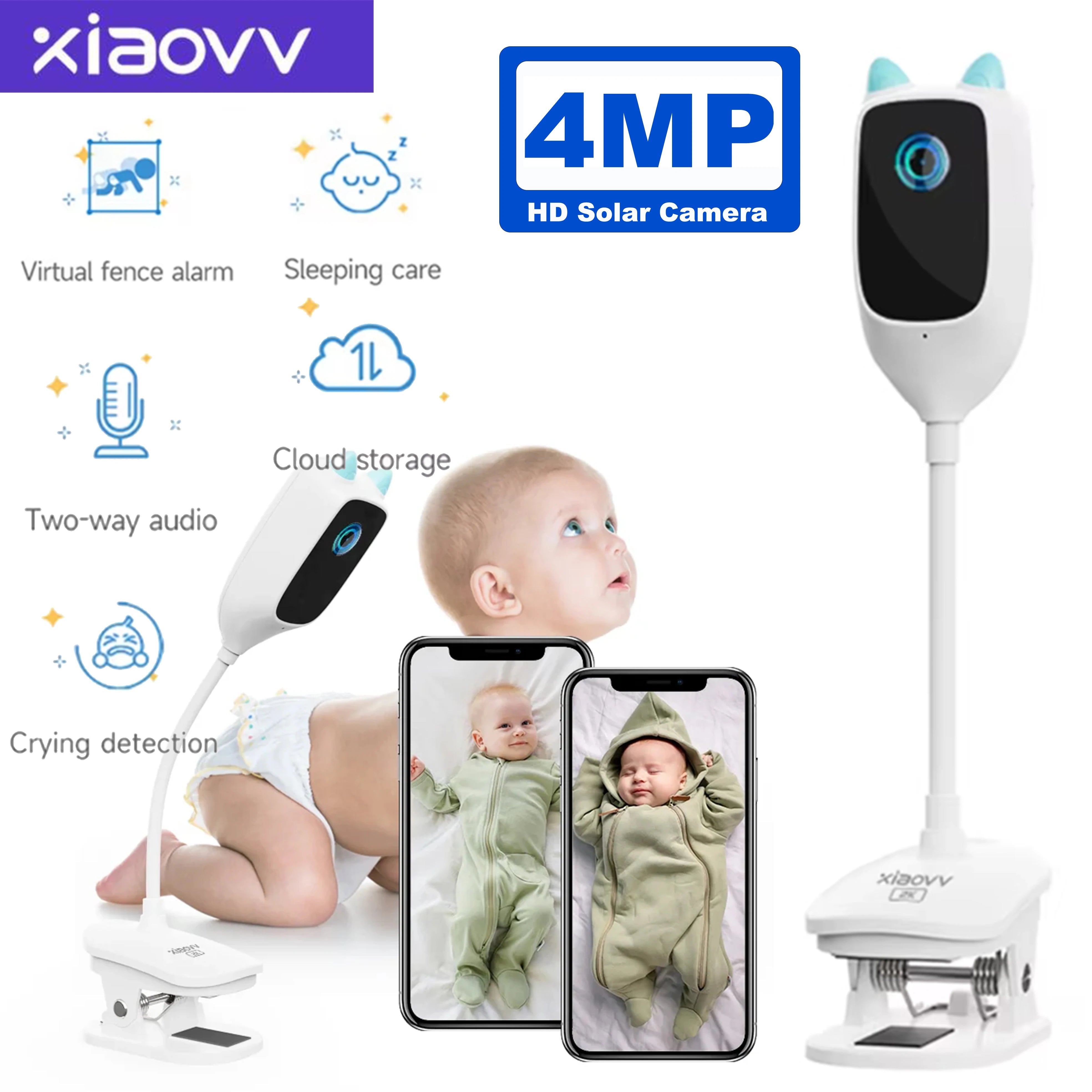 Monitor para bebés XIAOVV 2K HD: detección de llanto, visión nocturna a todo color, rotación de 360°, cámara WiFi 