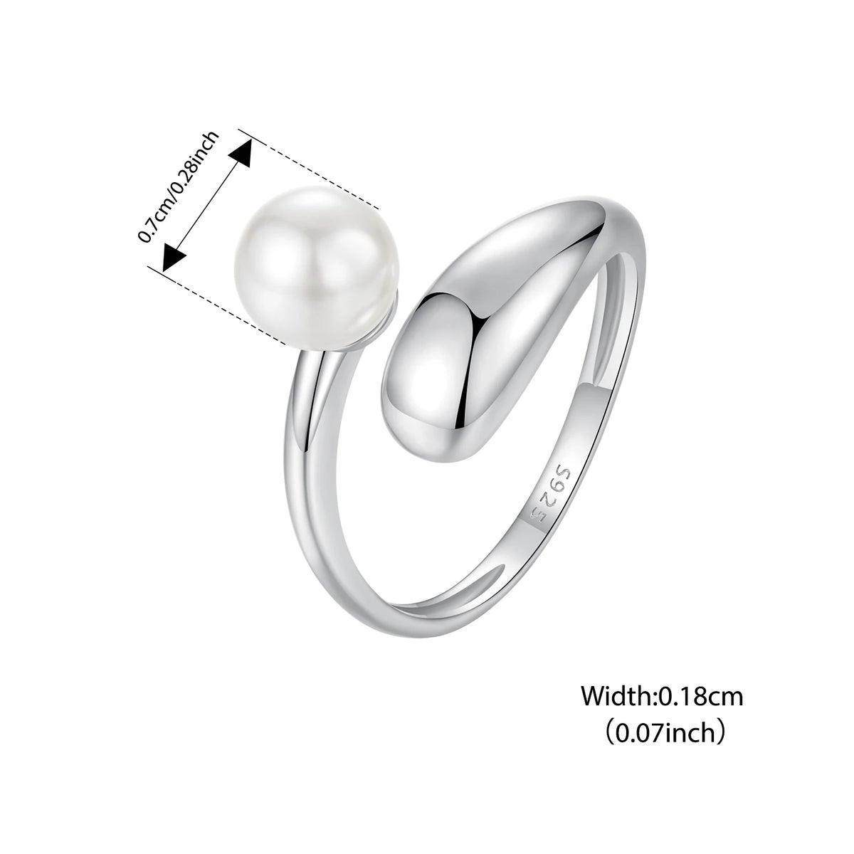 Anillo abierto de perla en plata de ley 925: joyería ajustable, elegante y minimalista para mujeres