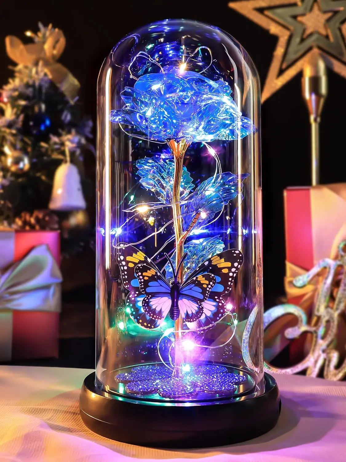 Eternal Rose in Glass Dome - Illuminated Galaxy Flower with Butterfly for Mothers Day