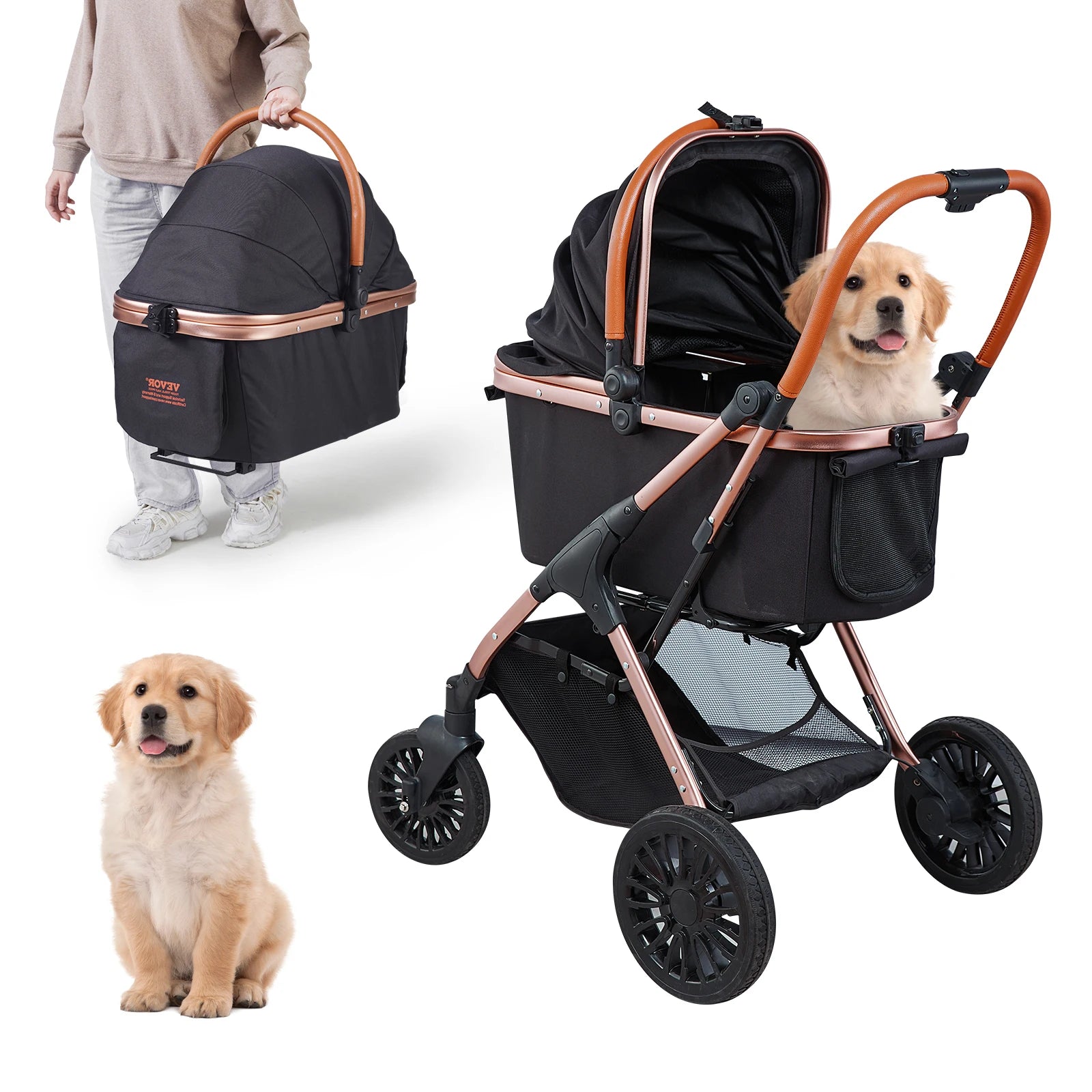 Cochecito plegable para mascotas: capacidad de 30 kg, con frenos y portabebés desmontable para perros pequeños y medianos