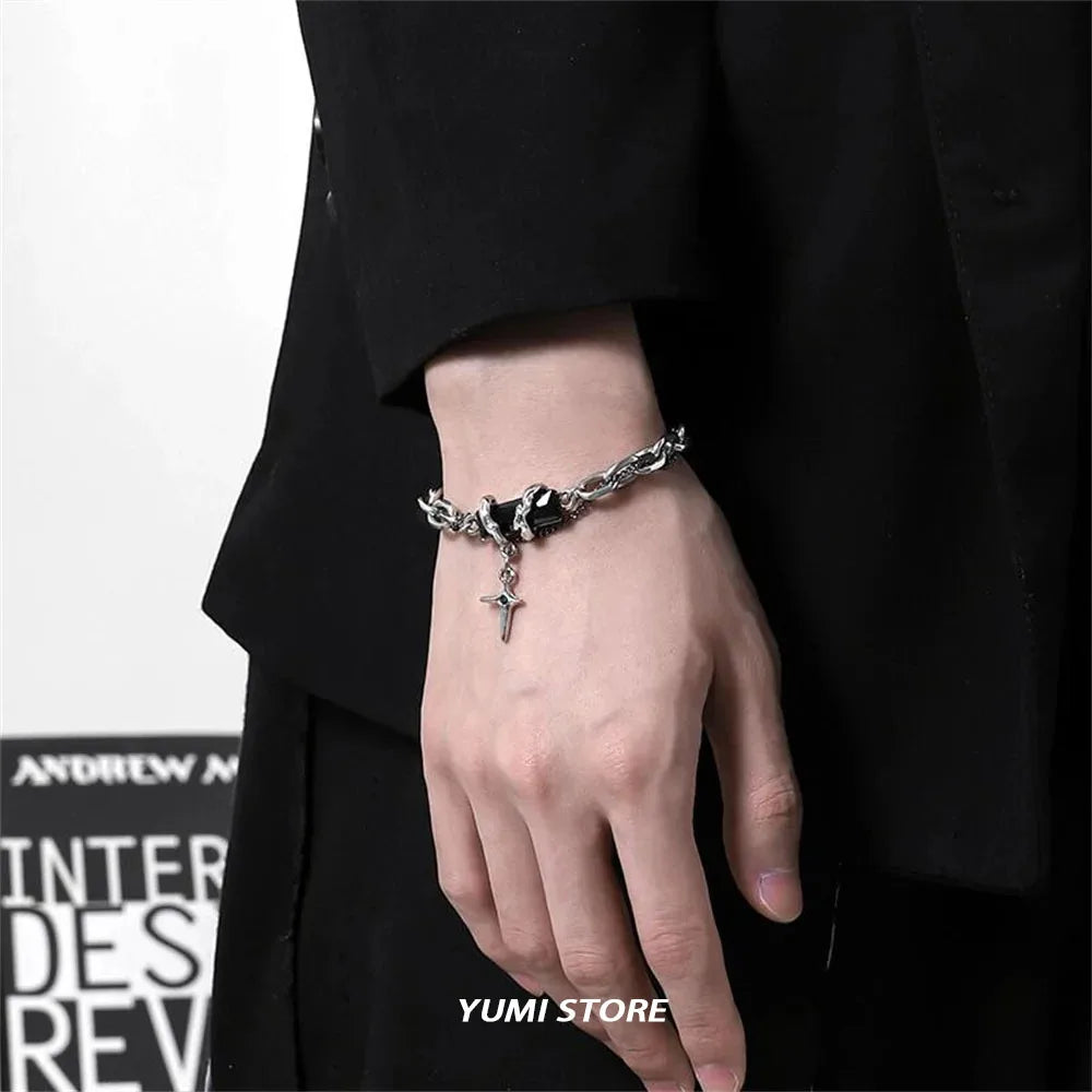 🌟 Pulsera de estrella de circonita negra retro 2024: cadena punk de acero de titanio de moda para hombres y mujeres 🌟