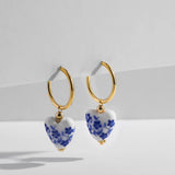 Blue Floral Pearl Dangle Earrings - Asymmetric Ceramic Bead Huggie Hoops